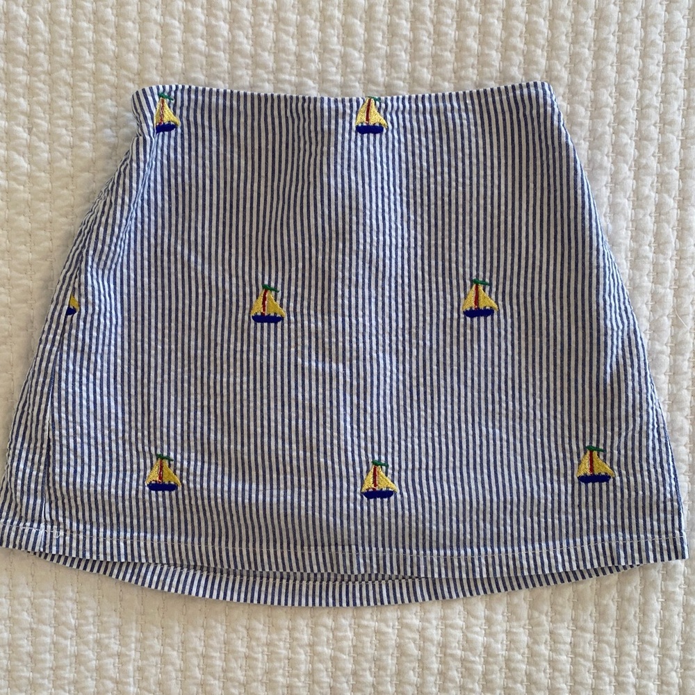 Girls’ Blue Seersucker Skort with Sailboat Embroidery, Size 3